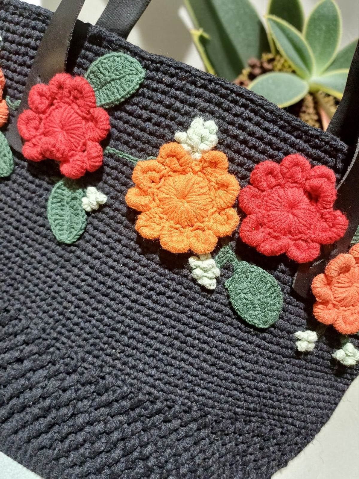 Handmade Black Floral Crochet Tote Bag – Colorful Flower Motifs, Faux Leather Handles, Lined Interior