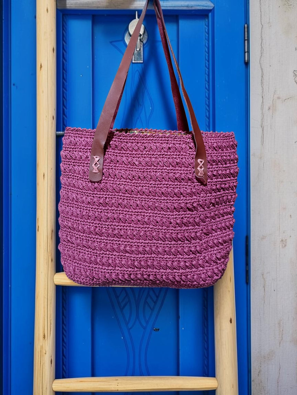 Handmade Plum Paper Yarn Tote Bag – Faux Leather Handles, Lined Interior