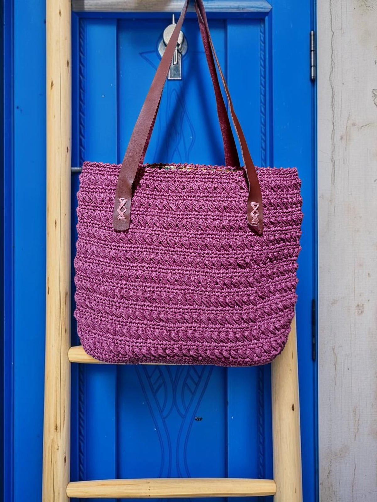 Handmade Plum Paper Yarn Tote Bag – Faux Leather Handles, Lined Interior