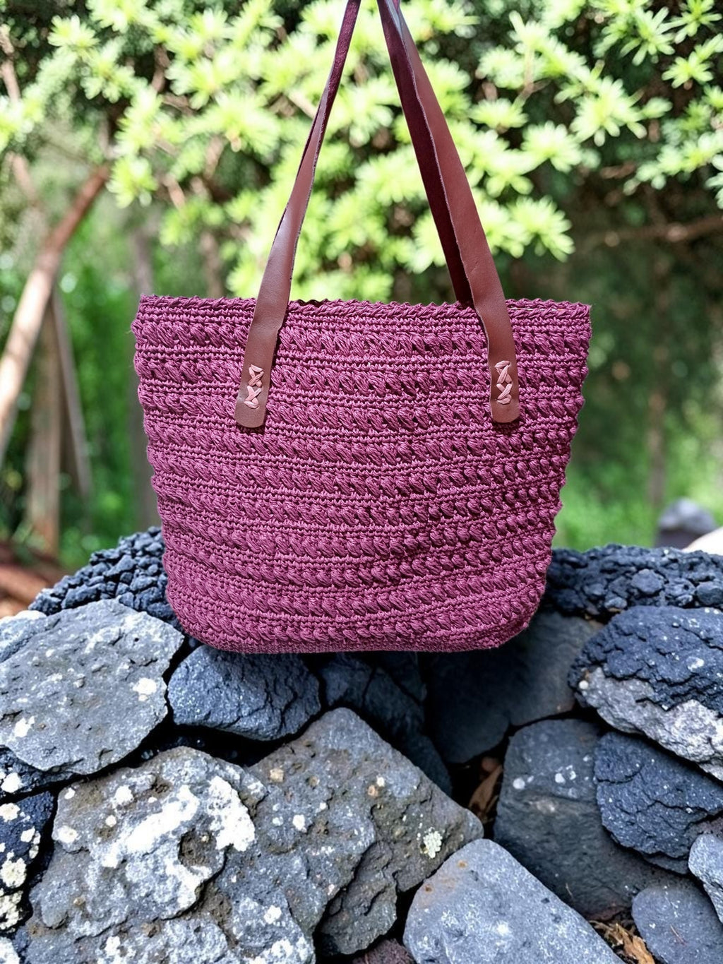 Handmade Plum Paper Yarn Tote Bag – Faux Leather Handles, Lined Interior