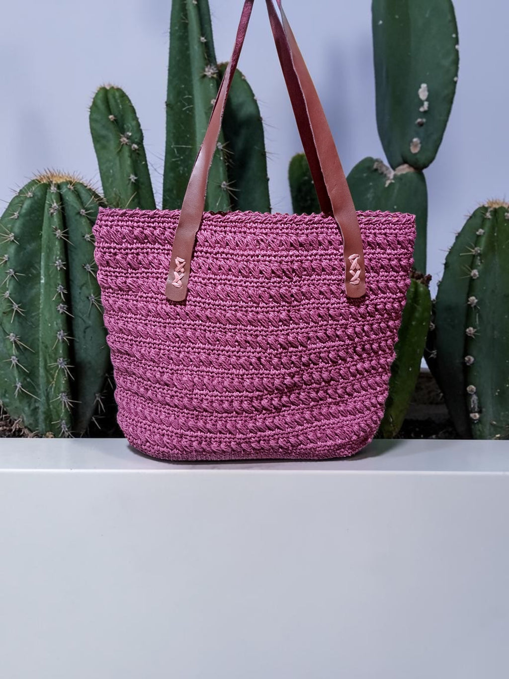 Handmade Plum Paper Yarn Tote Bag – Faux Leather Handles, Lined Interior