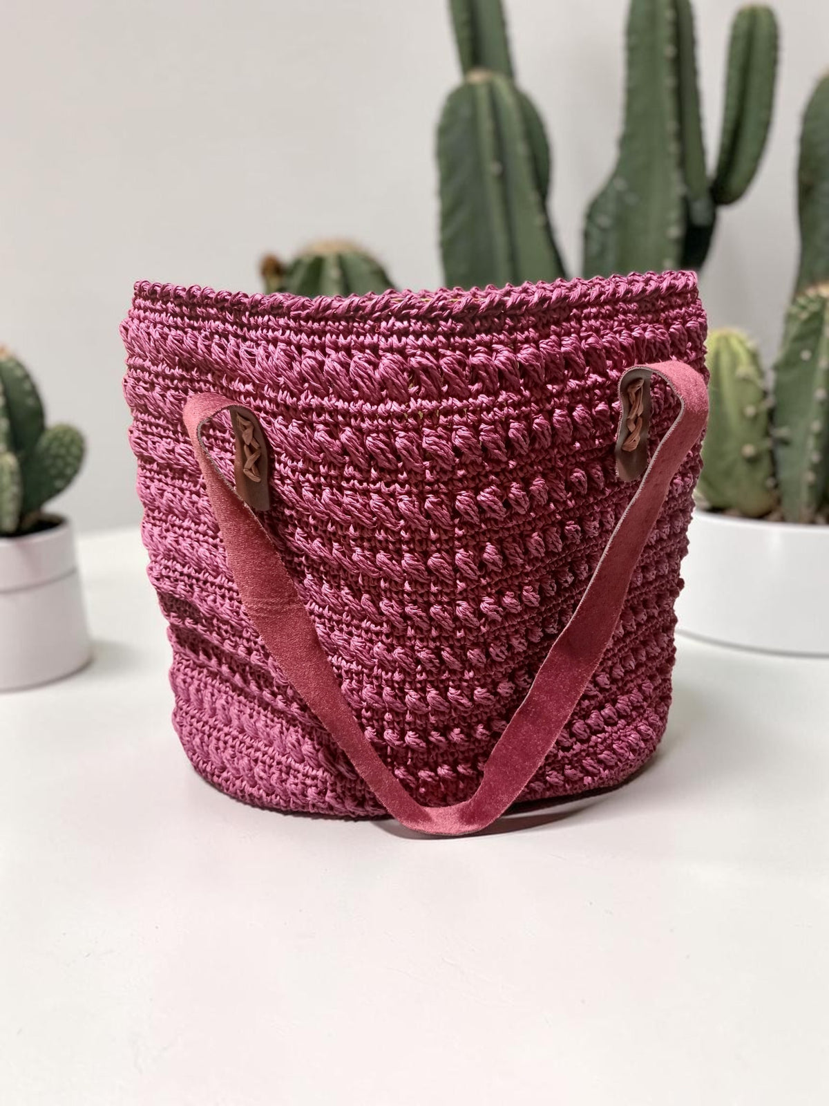 Handmade Plum Paper Yarn Tote Bag – Faux Leather Handles, Lined Interior