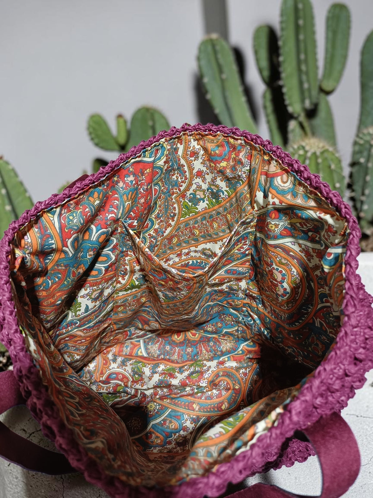 Handmade Plum Paper Yarn Tote Bag – Faux Leather Handles, Lined Interior