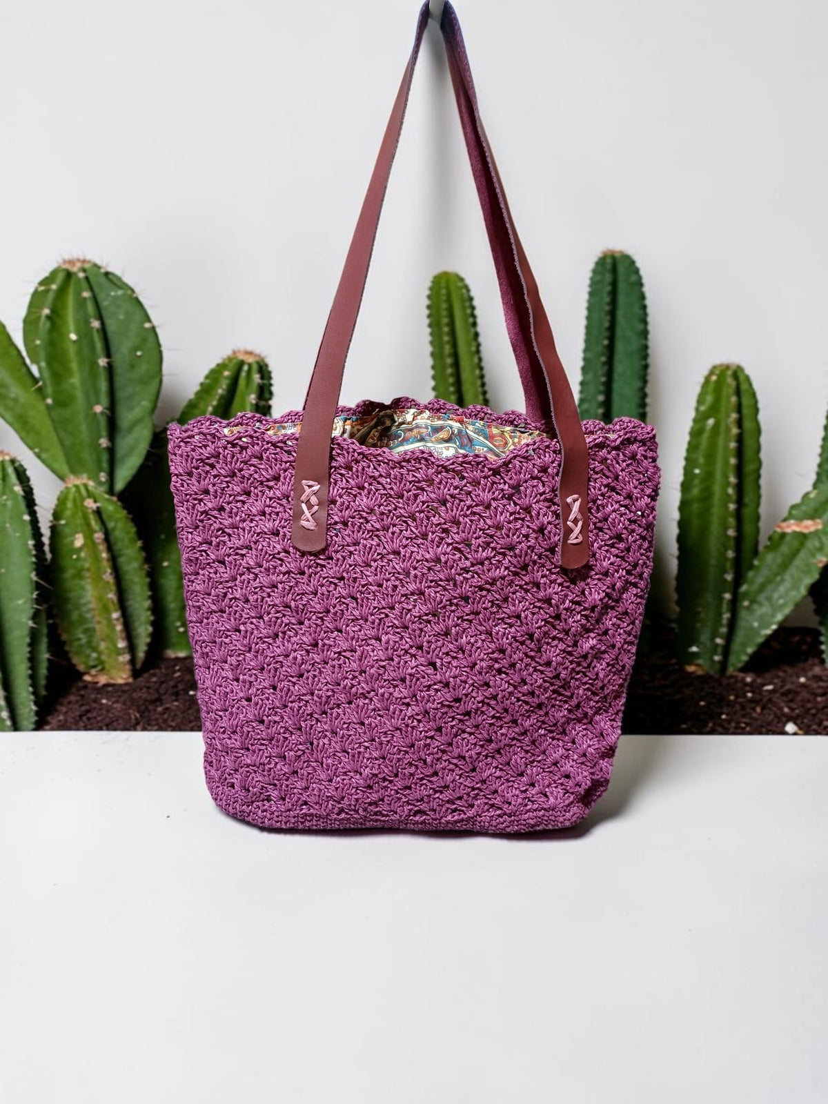 Handmade Plum Paper Yarn Tote Bag – Faux Leather Handles, Lined Interior