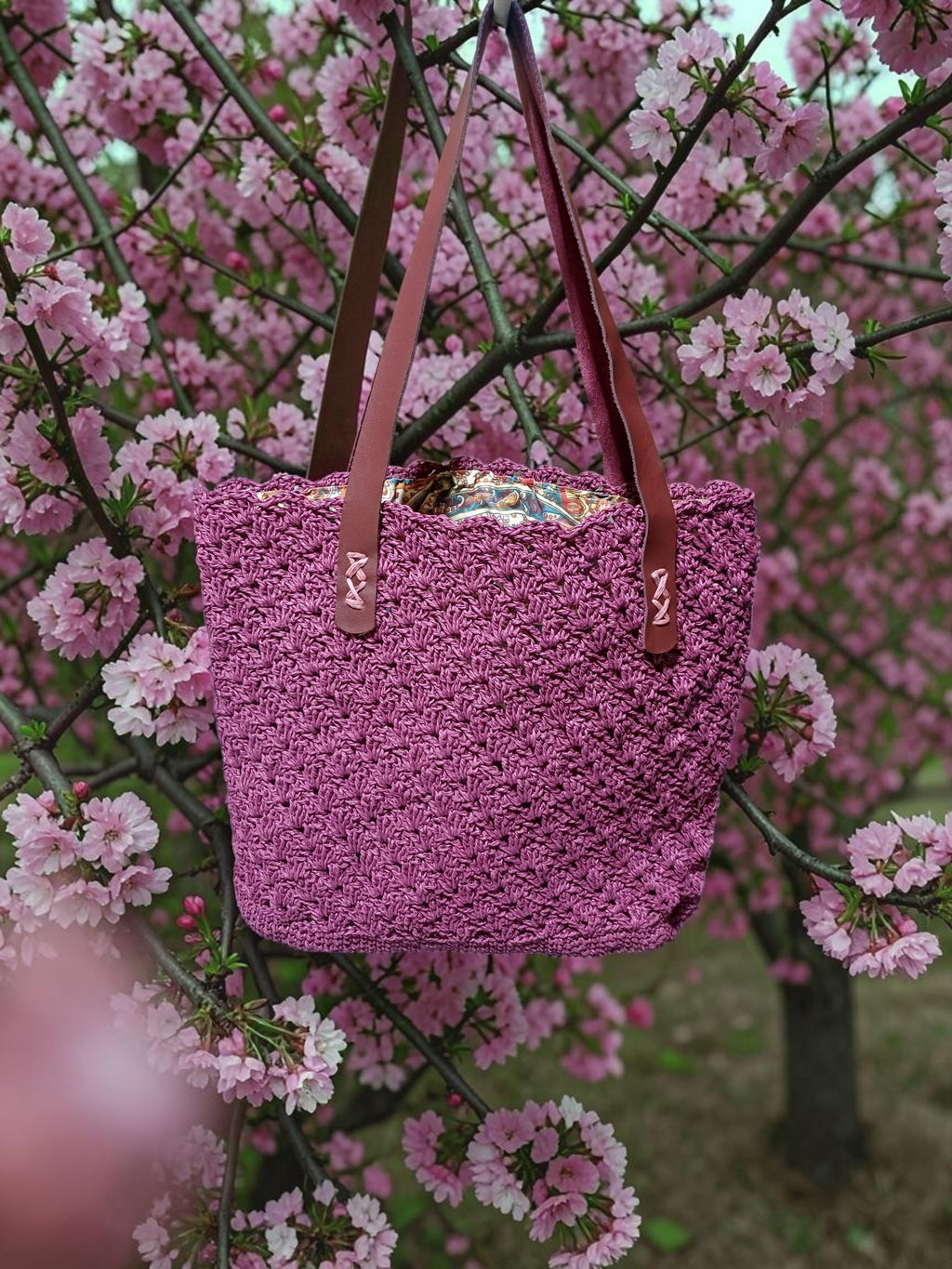 Handmade Plum Paper Yarn Tote Bag – Faux Leather Handles, Lined Interior