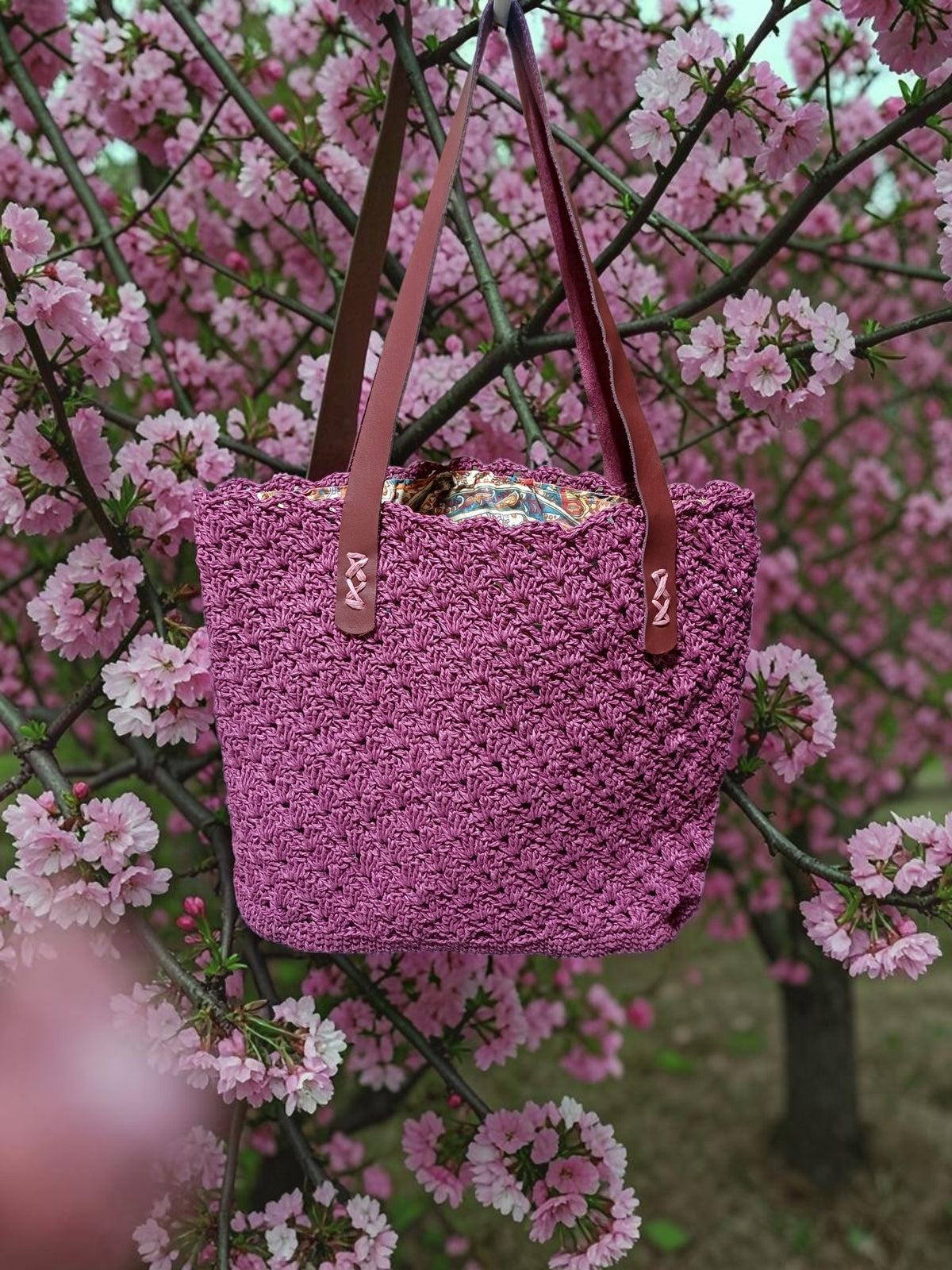 Handmade Plum Paper Yarn Tote Bag – Faux Leather Handles, Lined Interior