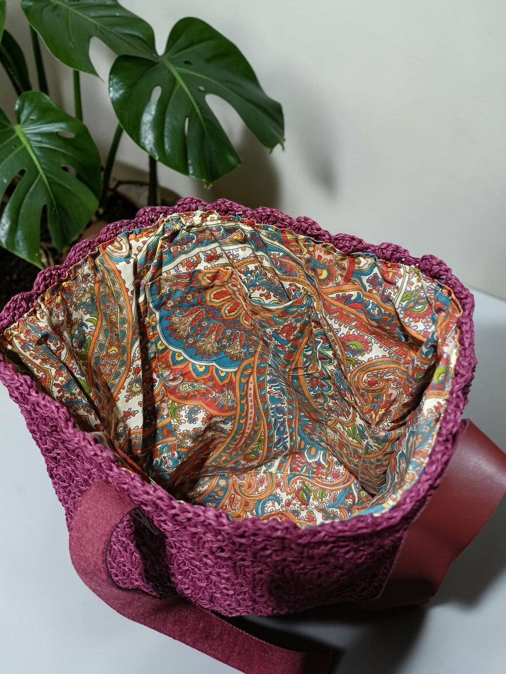 Handmade Plum Paper Yarn Tote Bag – Faux Leather Handles, Lined Interior