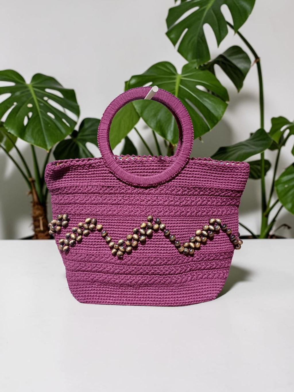 Handmade Plum Macrame Tote Bag – Wooden Bead Embroidery & Yarn-Wrapped Wooden Handles