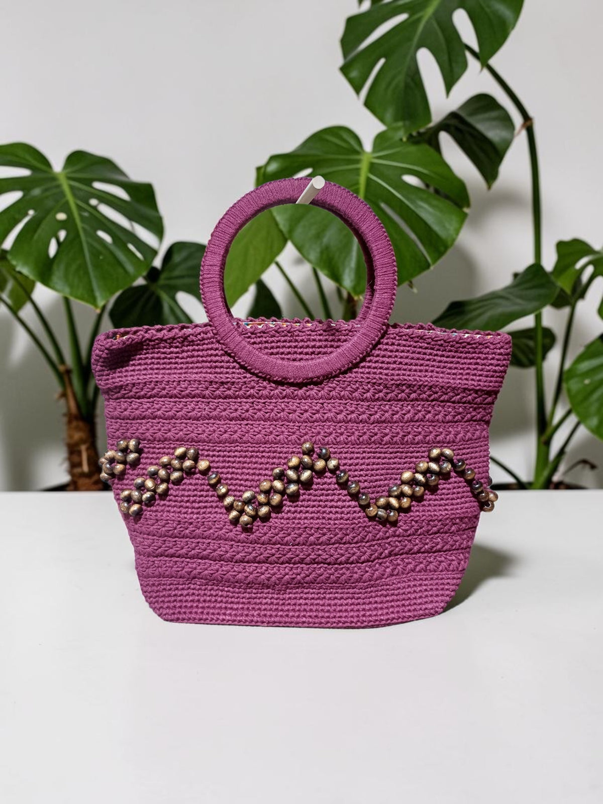Handmade Plum Macrame Tote Bag – Wooden Bead Embroidery & Yarn-Wrapped Wooden Handles