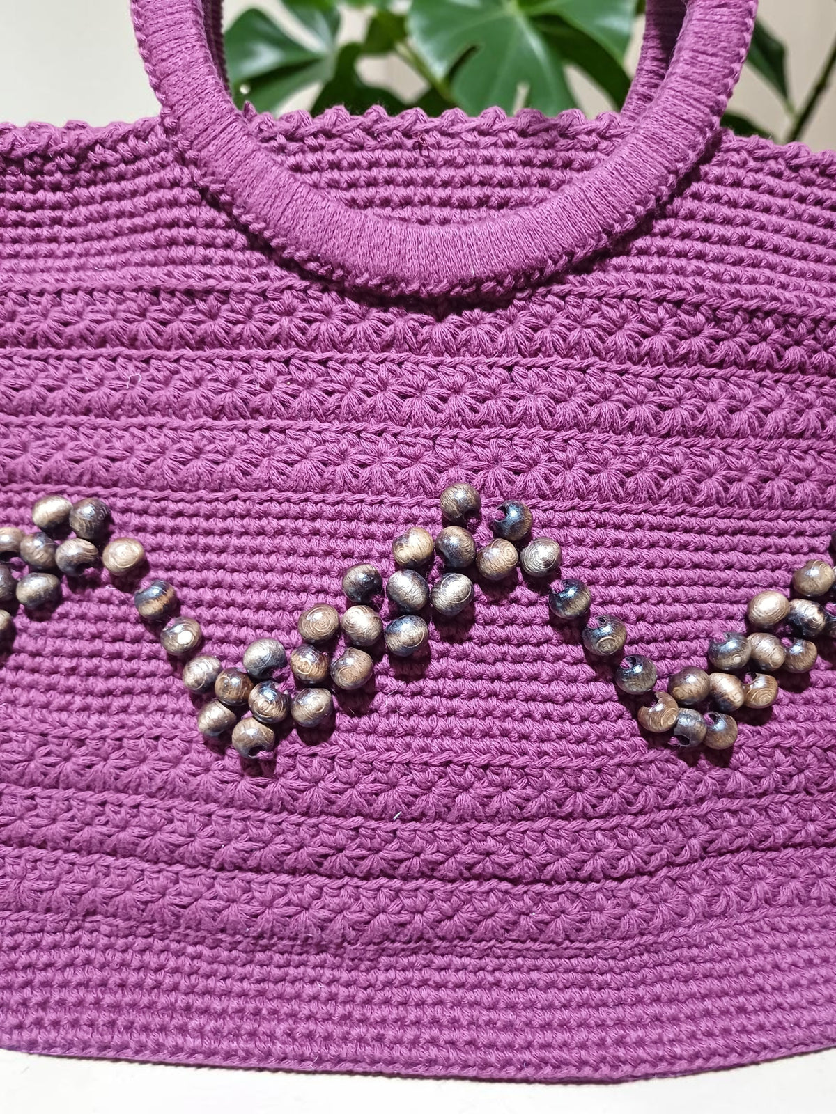 Handmade Plum Macrame Tote Bag – Wooden Bead Embroidery & Yarn-Wrapped Wooden Handles