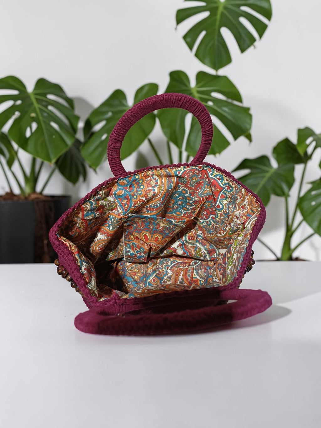 Handmade Plum Macrame Tote Bag – Wooden Bead Embroidery & Yarn-Wrapped Wooden Handles
