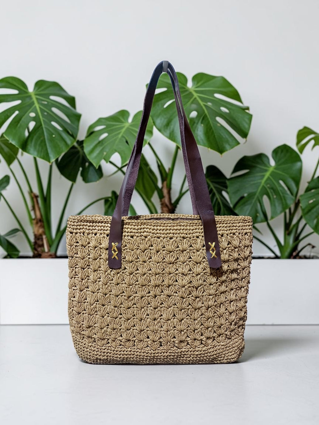 Handmade Natural Paper Yarn Tote Bag – Wheat Stitch Crochet, Faux Leather Handles, Lined Interior