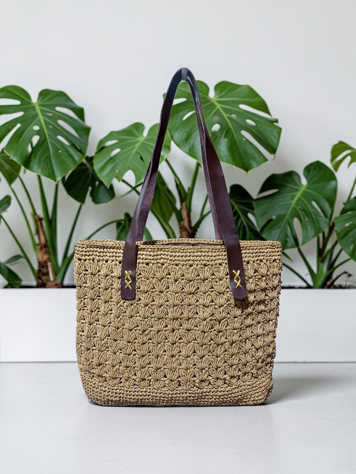 Handmade Natural Paper Yarn Tote Bag – Wheat Stitch Crochet, Faux Leather Handles, Lined Interior