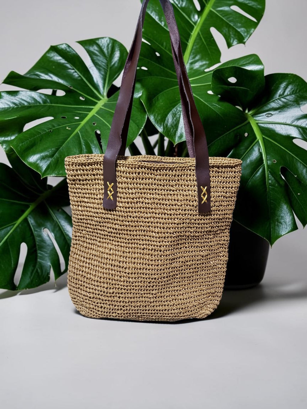 Handmade Natural Paper Yarn Tote Bag – Woven Crochet Pattern, Faux Leather Handles, Lined Interior