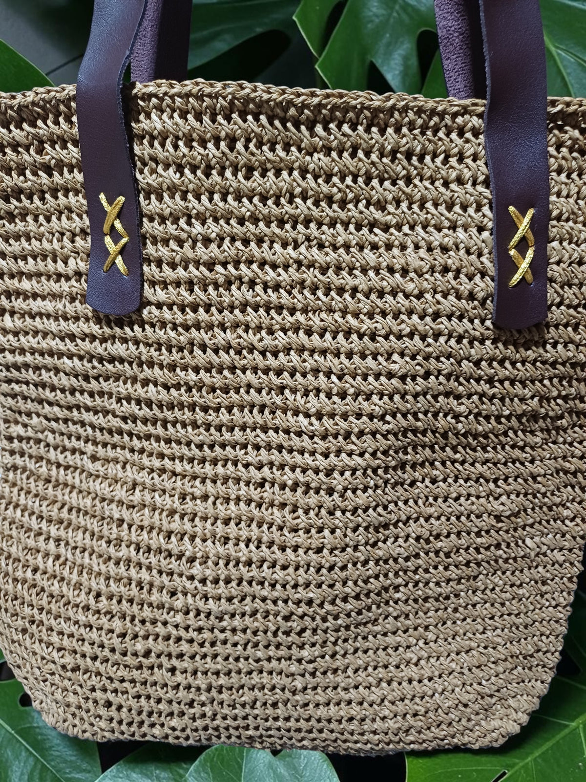 Handmade Natural Paper Yarn Tote Bag – Woven Crochet Pattern, Faux Leather Handles, Lined Interior