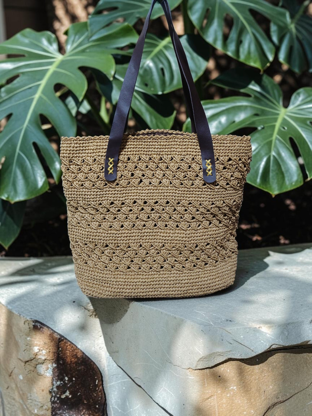 Handmade Natural Paper Yarn Tote Bag – Textured Crochet Design, Faux Leather Handles, Lined Interior