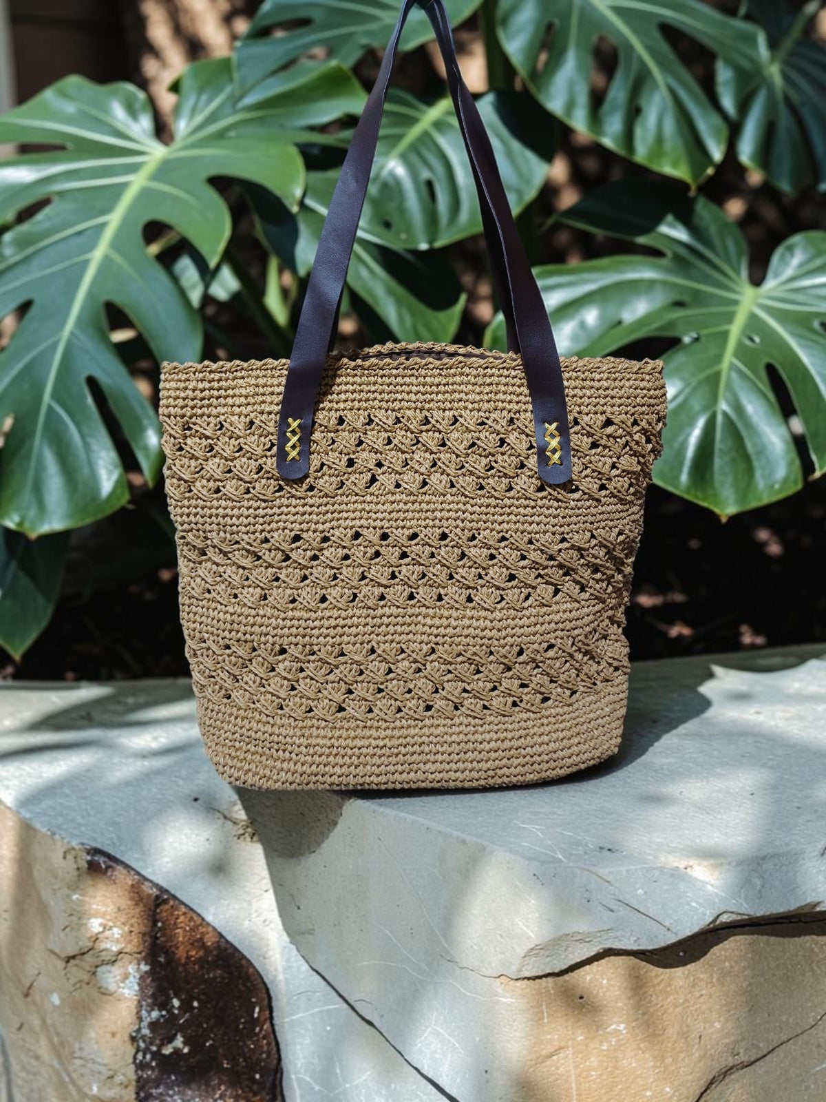 Handmade Natural Paper Yarn Tote Bag – Textured Crochet Design, Faux Leather Handles, Lined Interior