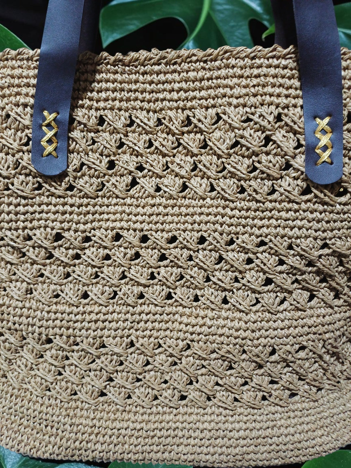 Handmade Natural Paper Yarn Tote Bag – Textured Crochet Design, Faux Leather Handles, Lined Interior