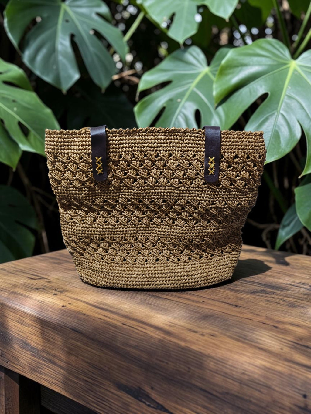 Handmade Natural Paper Yarn Tote Bag – Textured Crochet Design, Faux Leather Handles, Lined Interior