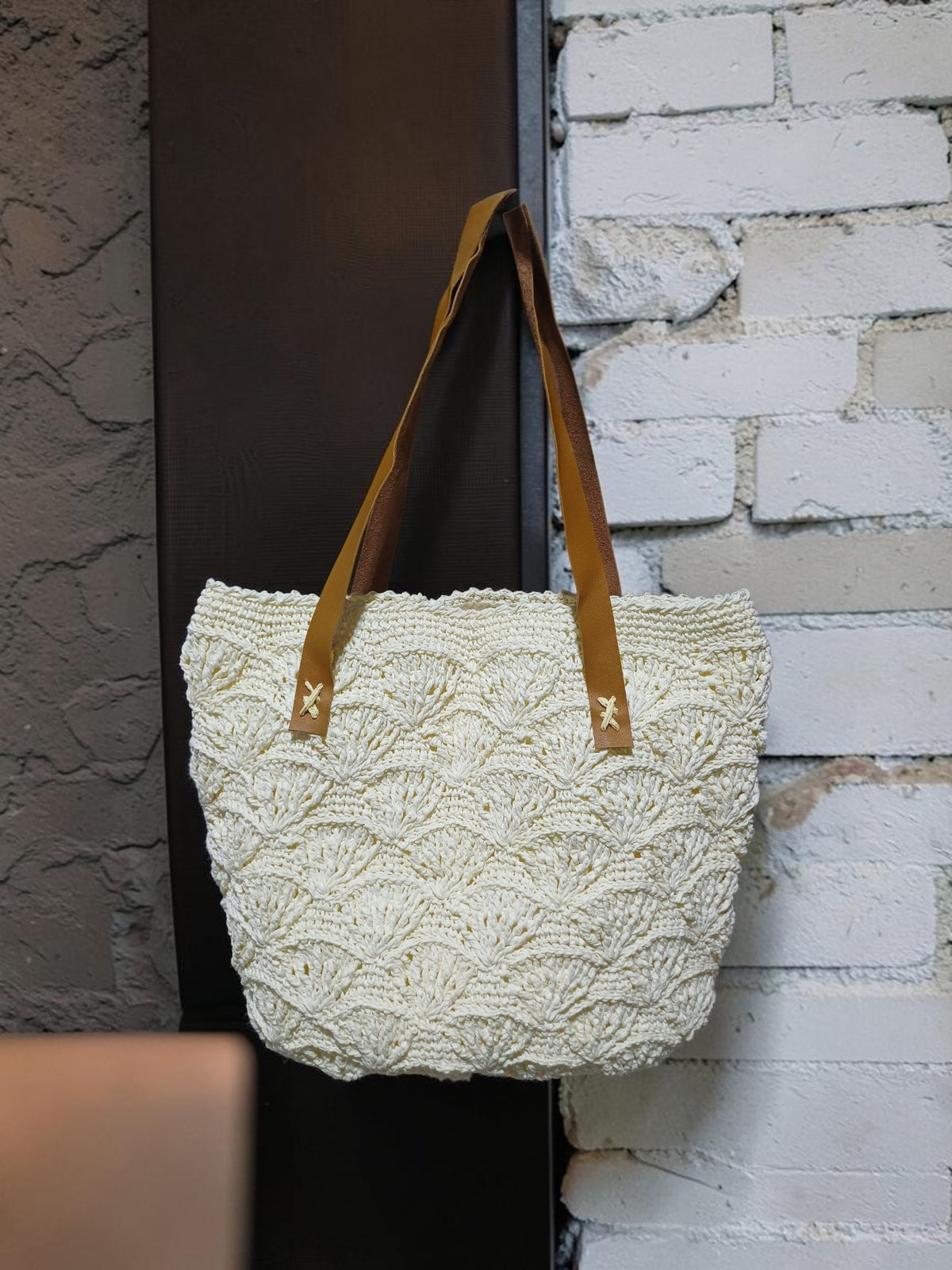 Handmade Cream Paper Yarn Tote Bag – Shell Stitch Crochet, Faux Leather Handles, Lined Interior