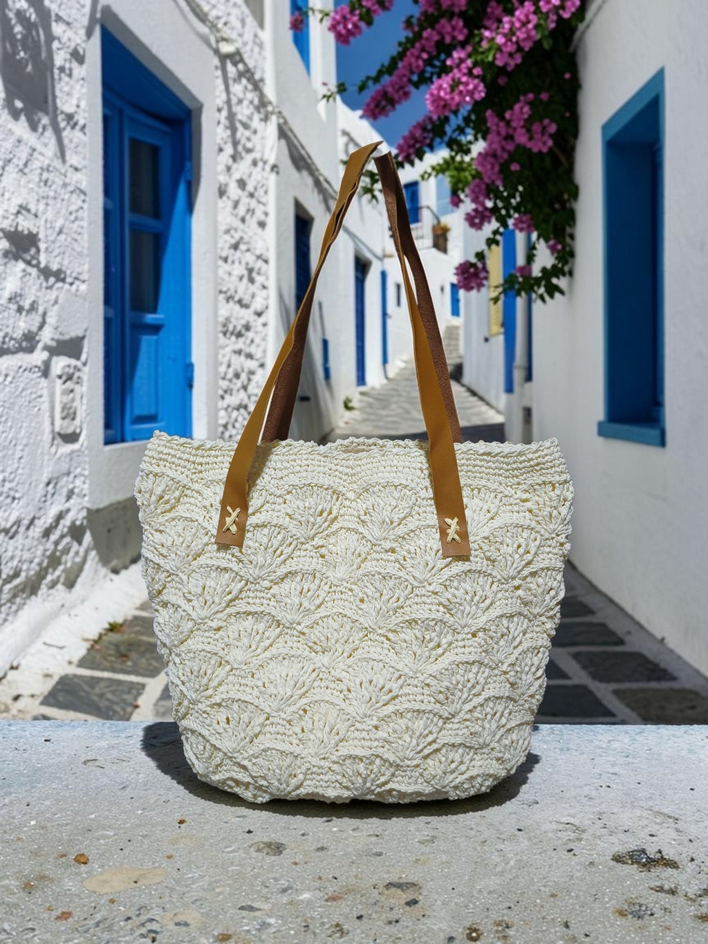 Handmade Cream Paper Yarn Tote Bag – Shell Stitch Crochet, Faux Leather Handles, Lined Interior