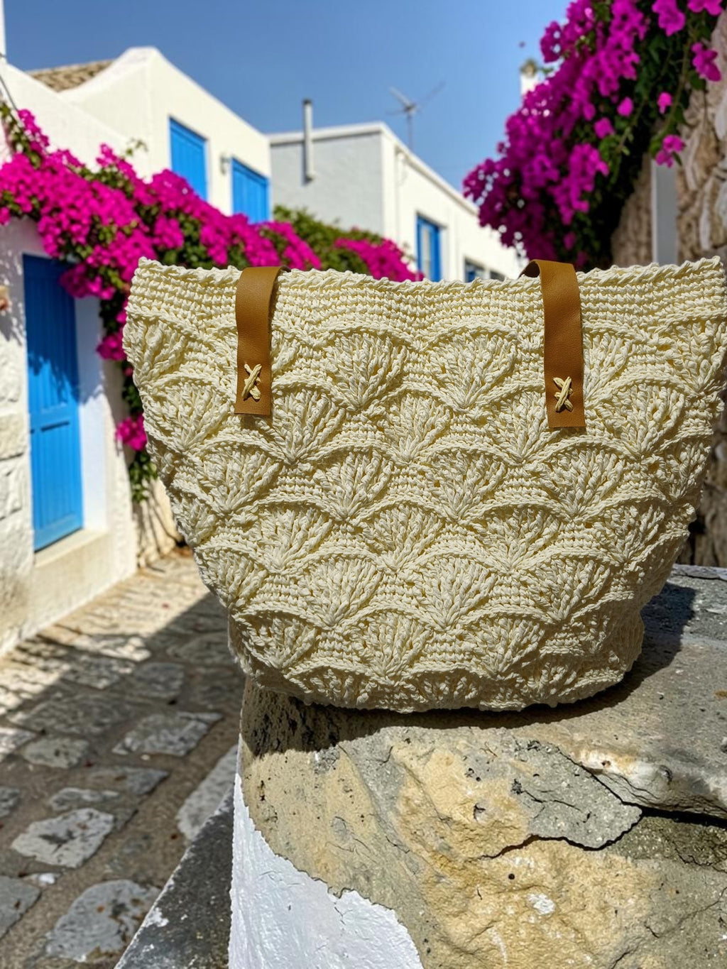 Handmade Cream Paper Yarn Tote Bag – Shell Stitch Crochet, Faux Leather Handles, Lined Interior
