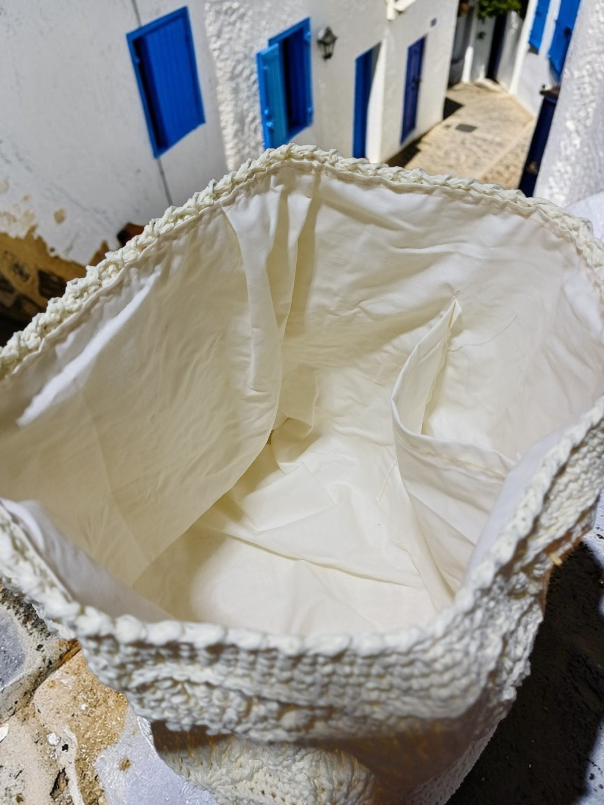 Handmade Cream Paper Yarn Tote Bag – Shell Stitch Crochet, Faux Leather Handles, Lined Interior