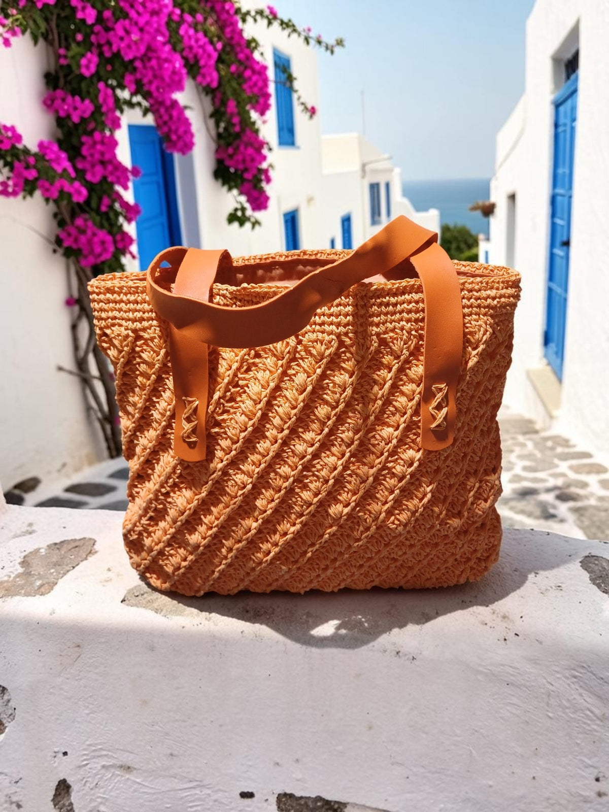 Handmade Orange Paper Yarn Tote Bag – Textured Crochet Design, Faux Leather Handles, Lined Interior