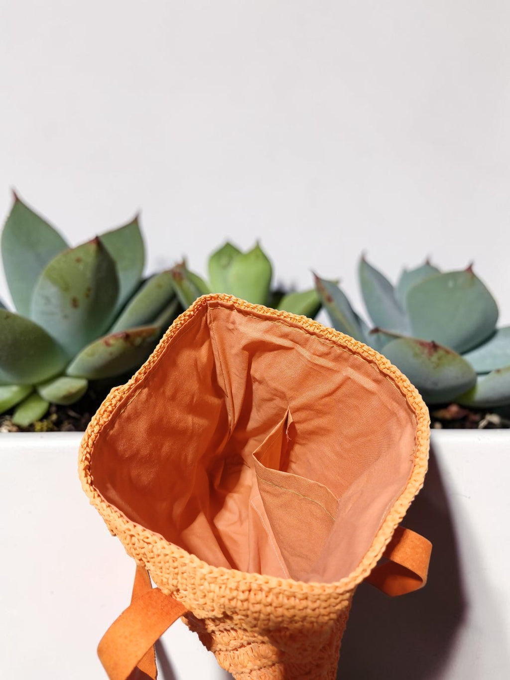 Handmade Orange Paper Yarn Tote Bag – Textured Crochet Design, Faux Leather Handles, Lined Interior