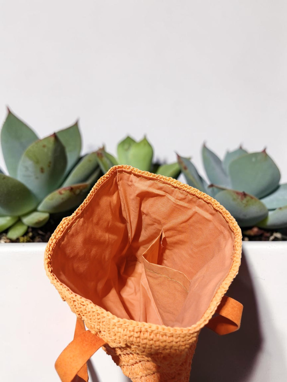 Handmade Orange Paper Yarn Tote Bag – Textured Crochet Design, Faux Leather Handles, Lined Interior