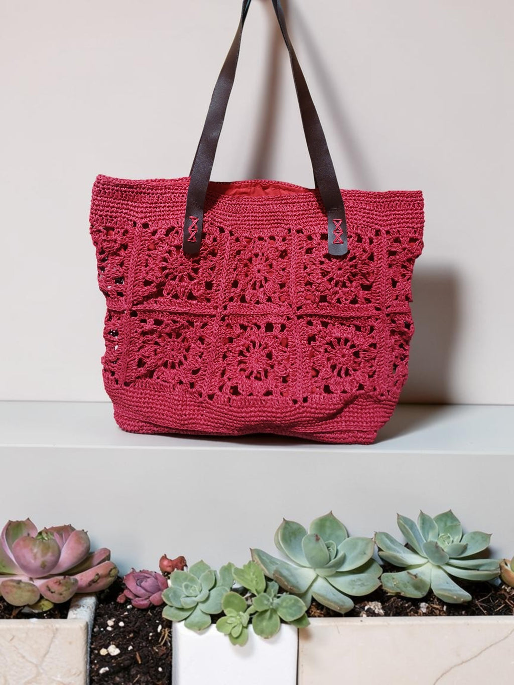 Handmade Red Paper Yarn Tote Bag – Crochet Motif Design, Faux Leather Handles, Lined Interior