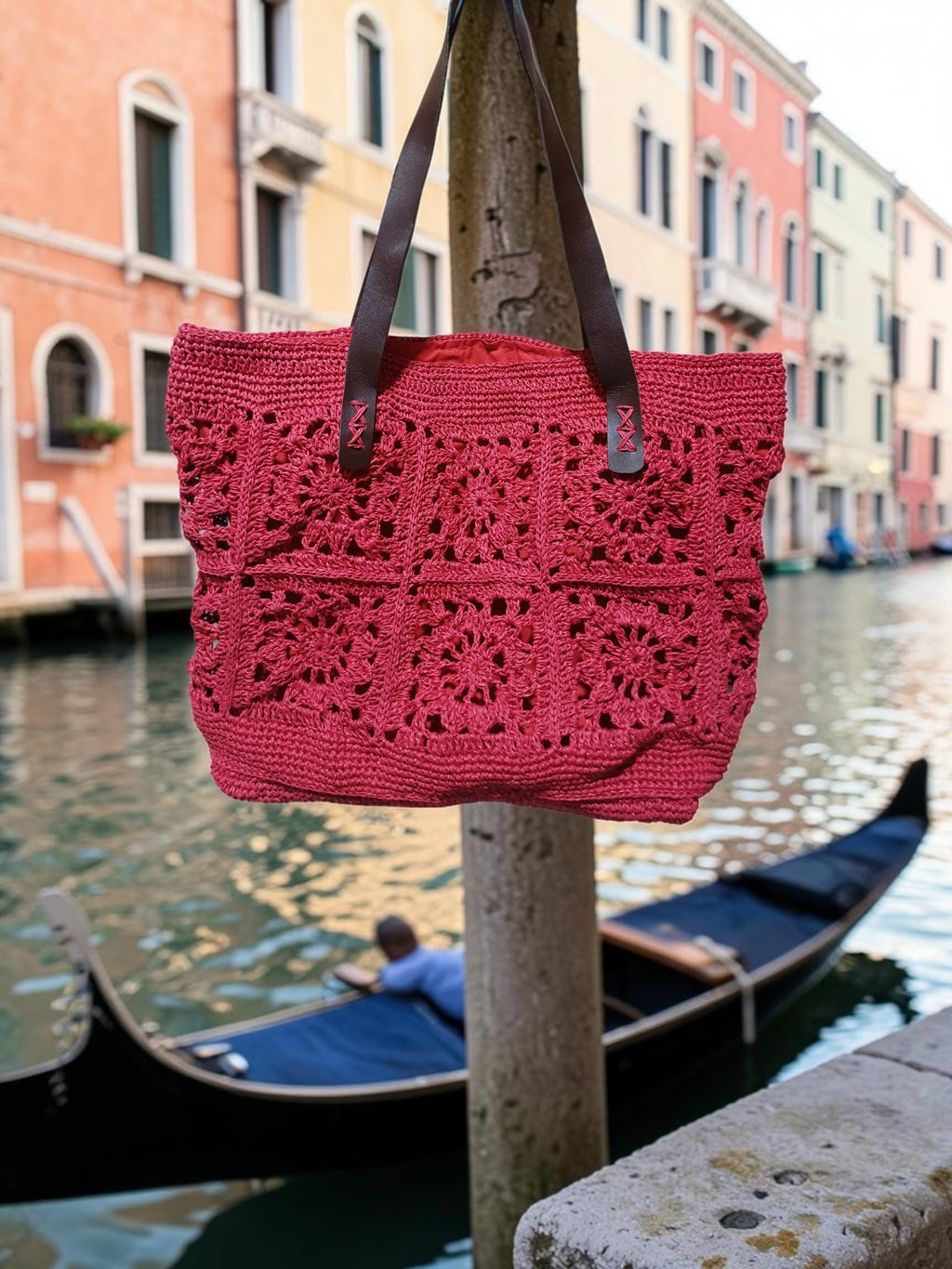 Handmade Red Paper Yarn Tote Bag – Crochet Motif Design, Faux Leather Handles, Lined Interior