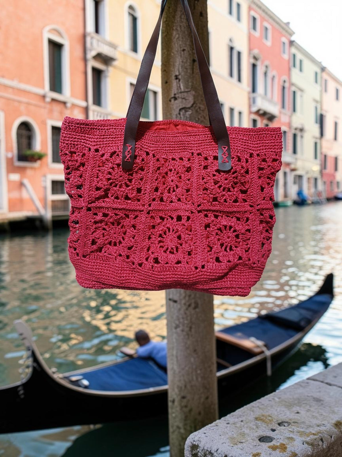 Handmade Red Paper Yarn Tote Bag – Crochet Motif Design, Faux Leather Handles, Lined Interior
