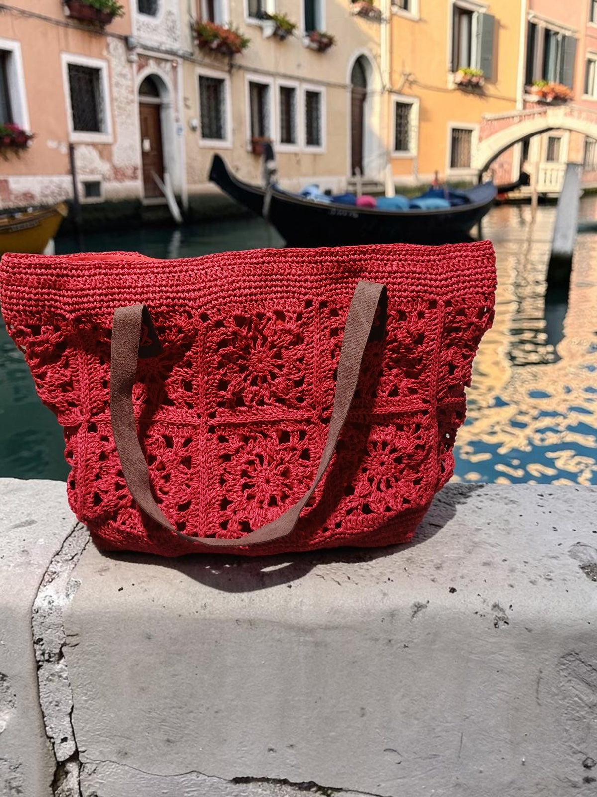 Handmade Red Paper Yarn Tote Bag – Crochet Motif Design, Faux Leather Handles, Lined Interior