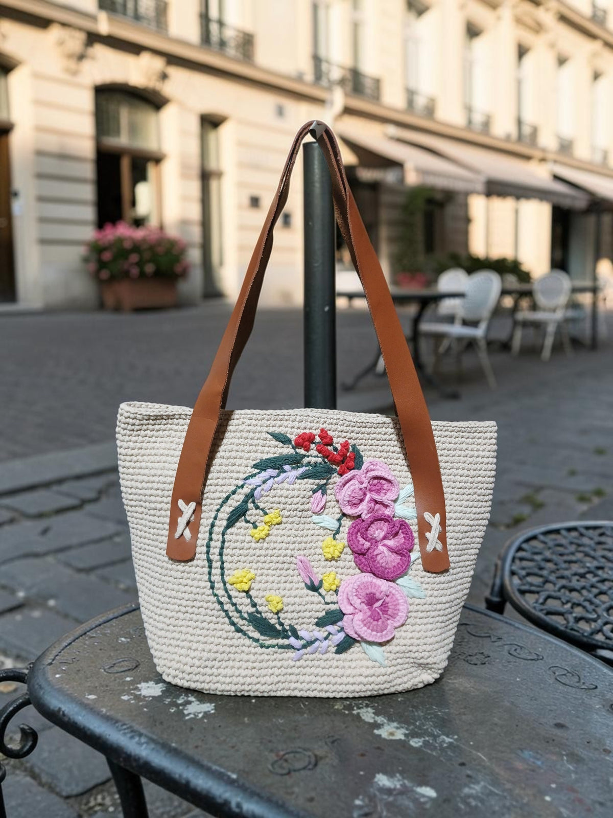 Handmade Beige Macrame Tote Bag – Floral Crochet Embroidery, Faux Leather Handles, Lined Interior
