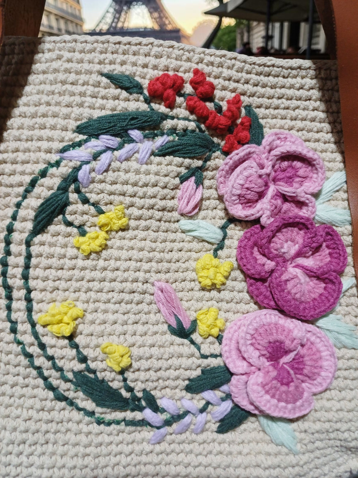 Handmade Beige Macrame Tote Bag – Floral Crochet Embroidery, Faux Leather Handles, Lined Interior