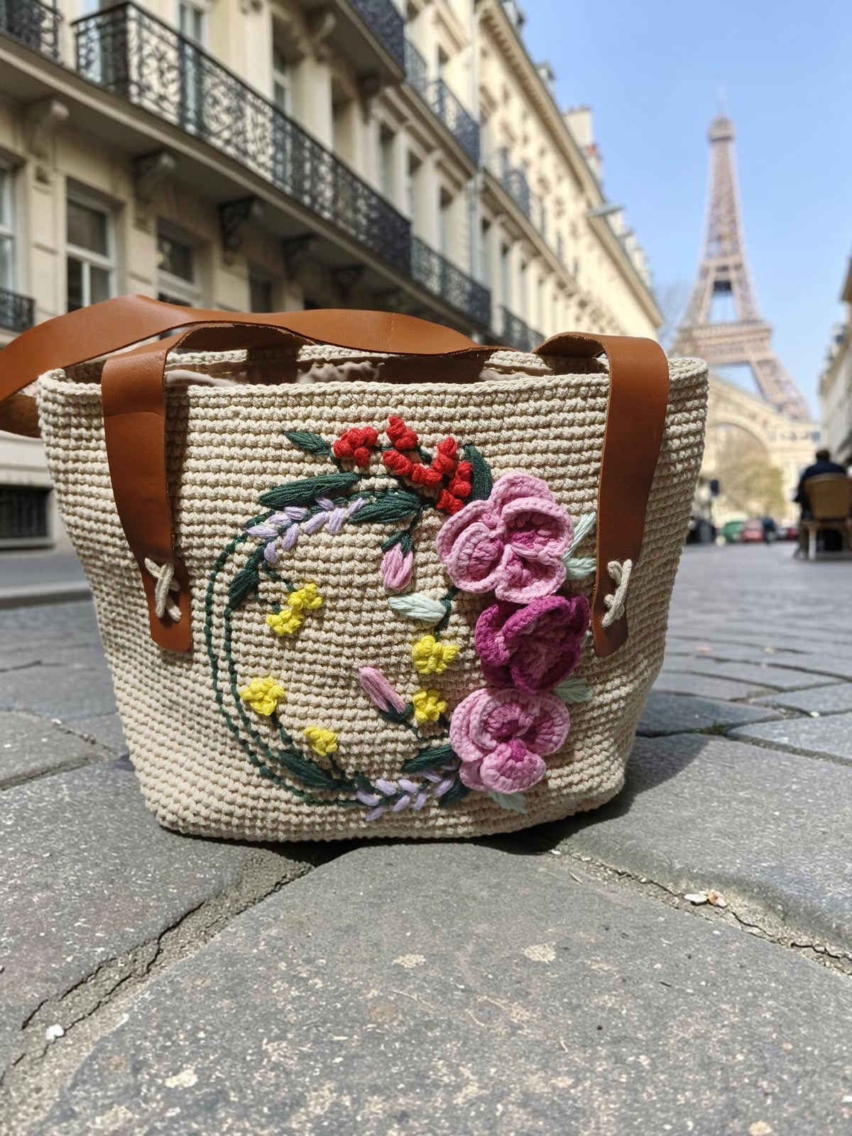 Handmade Beige Macrame Tote Bag – Floral Crochet Embroidery, Faux Leather Handles, Lined Interior