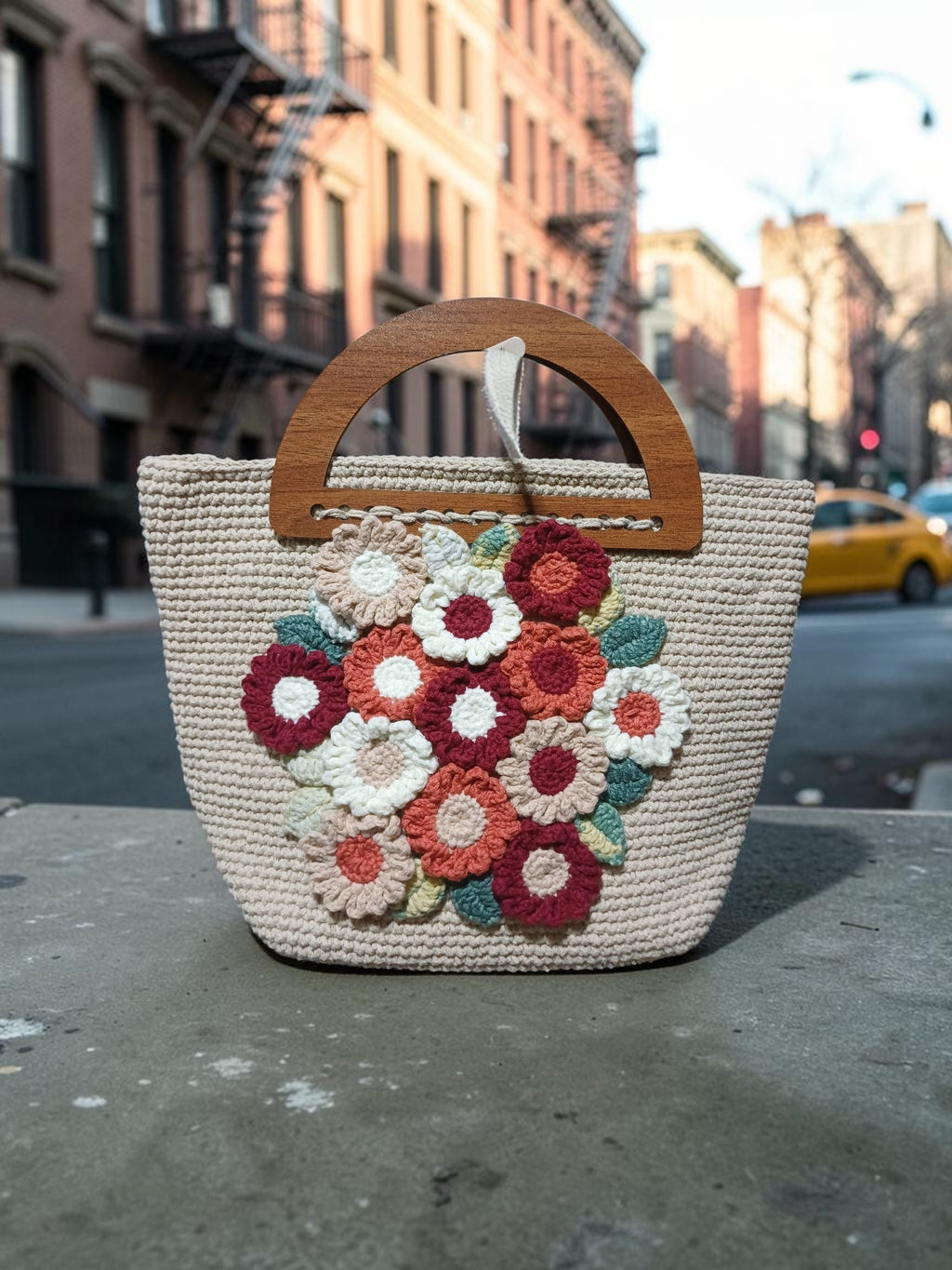 Handmade Beige Macrame Handbag – Crochet Flower Appliqués & Wooden Handles