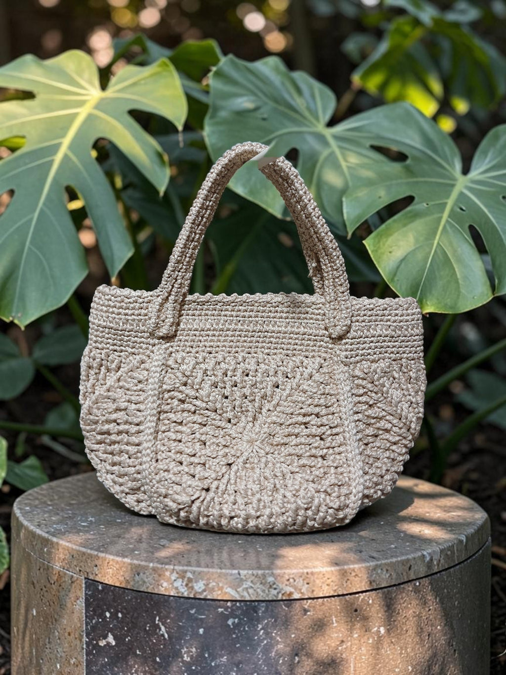 Handmade Beige Polyester Macrame Tote Bag – Textured Motif Crochet, Lined Interior