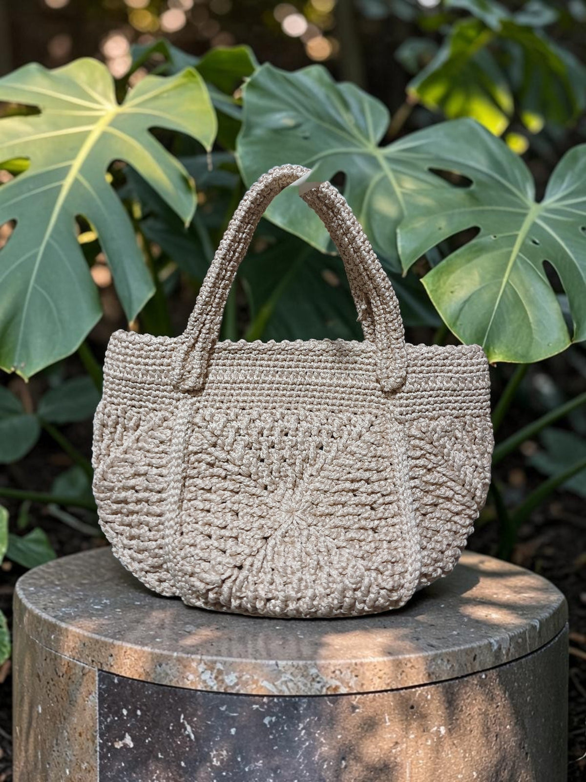 Handmade Beige Polyester Macrame Tote Bag – Textured Motif Crochet, Lined Interior