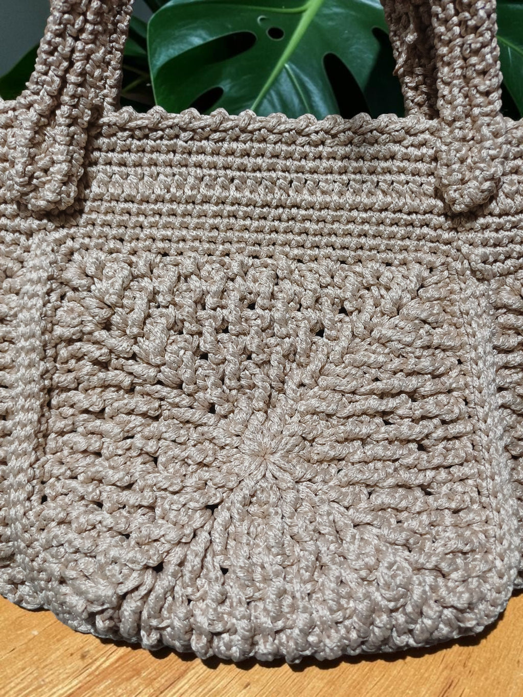 Handmade Beige Polyester Macrame Tote Bag – Textured Motif Crochet, Lined Interior