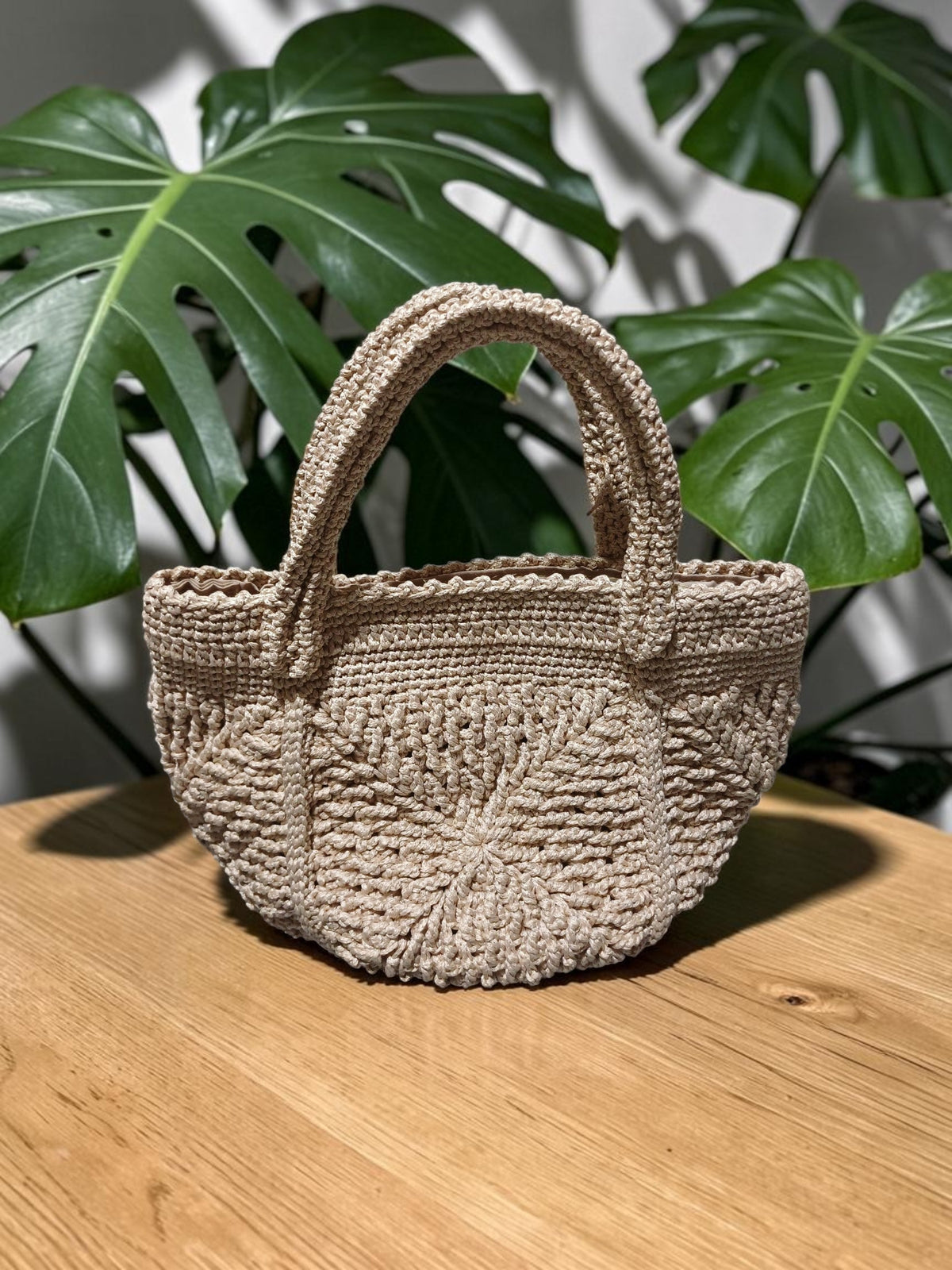 Handmade Beige Polyester Macrame Tote Bag – Textured Motif Crochet, Lined Interior