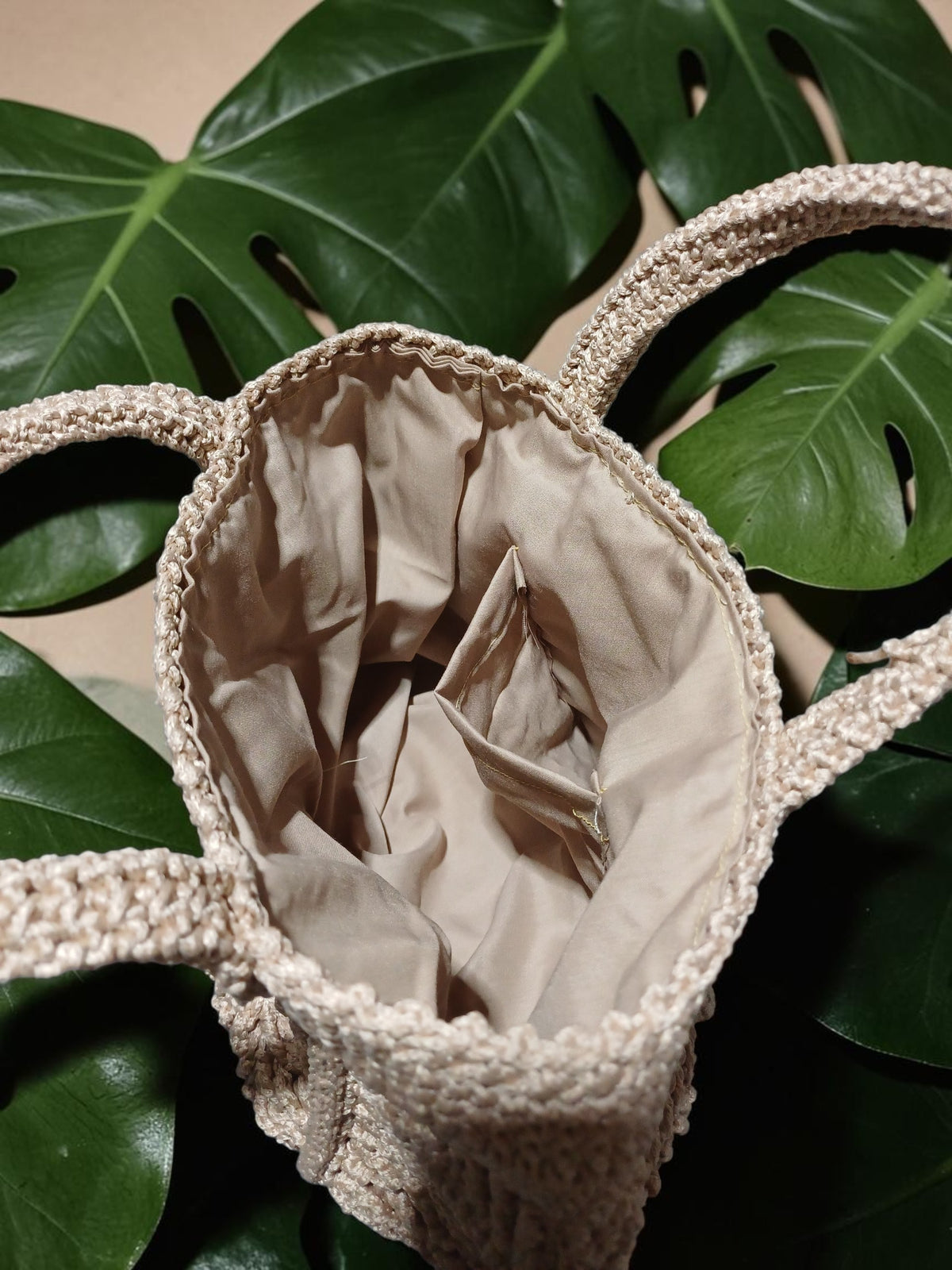 Handmade Beige Polyester Macrame Tote Bag – Textured Motif Crochet, Lined Interior