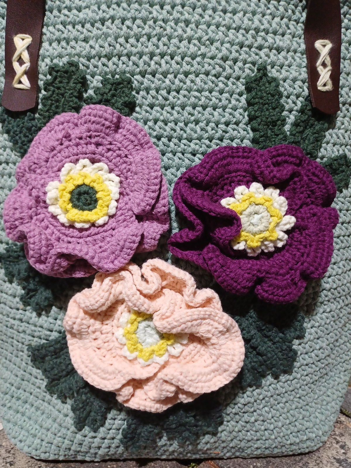 Handmade Almond Green Macrame Tote Bag – 3D Crochet Floral Appliqués, Faux Leather Handles, Lined Interior