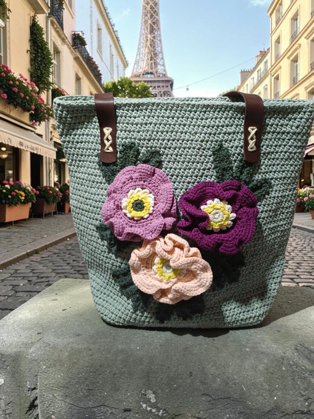 Handmade Almond Green Macrame Tote Bag – 3D Crochet Floral Appliqués, Faux Leather Handles, Lined Interior