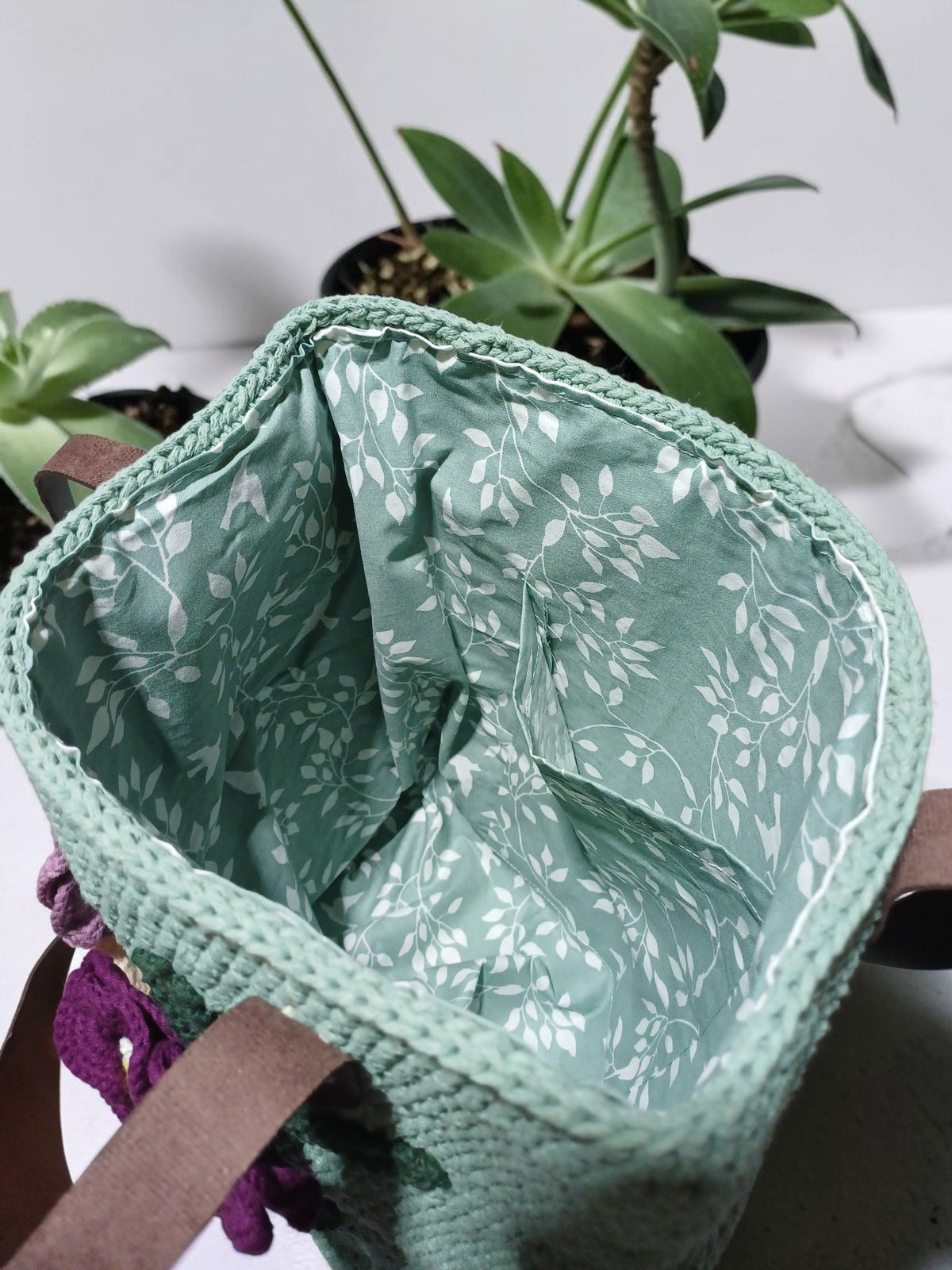 Handmade Almond Green Macrame Tote Bag – 3D Crochet Floral Appliqués, Faux Leather Handles, Lined Interior