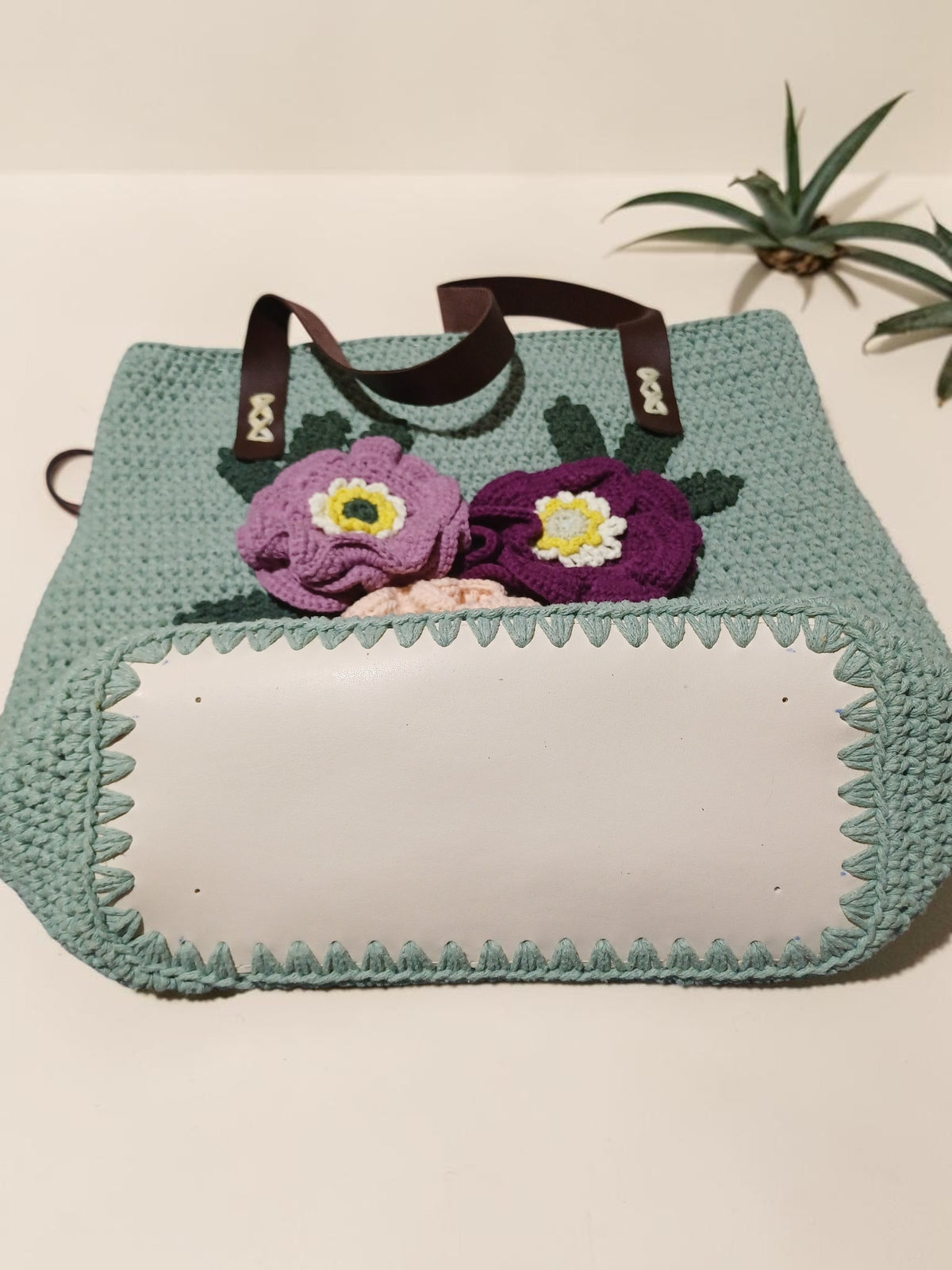 Handmade Almond Green Macrame Tote Bag – 3D Crochet Floral Appliqués, Faux Leather Handles, Lined Interior