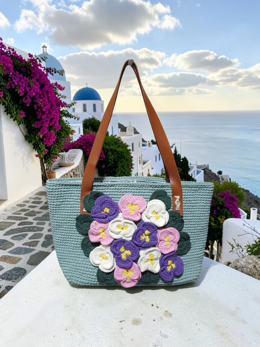 Handmade Almond Green Macrame Tote Bag – 3D Violet Flowers & Faux Leather Handles