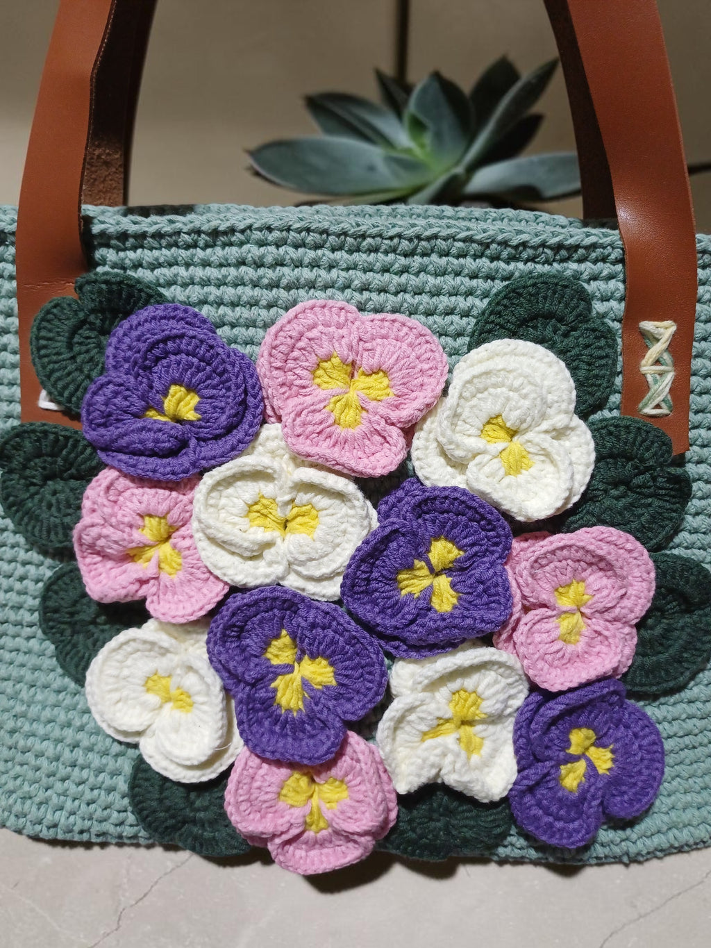 Handmade Almond Green Macrame Tote Bag – 3D Violet Flowers & Faux Leather Handles