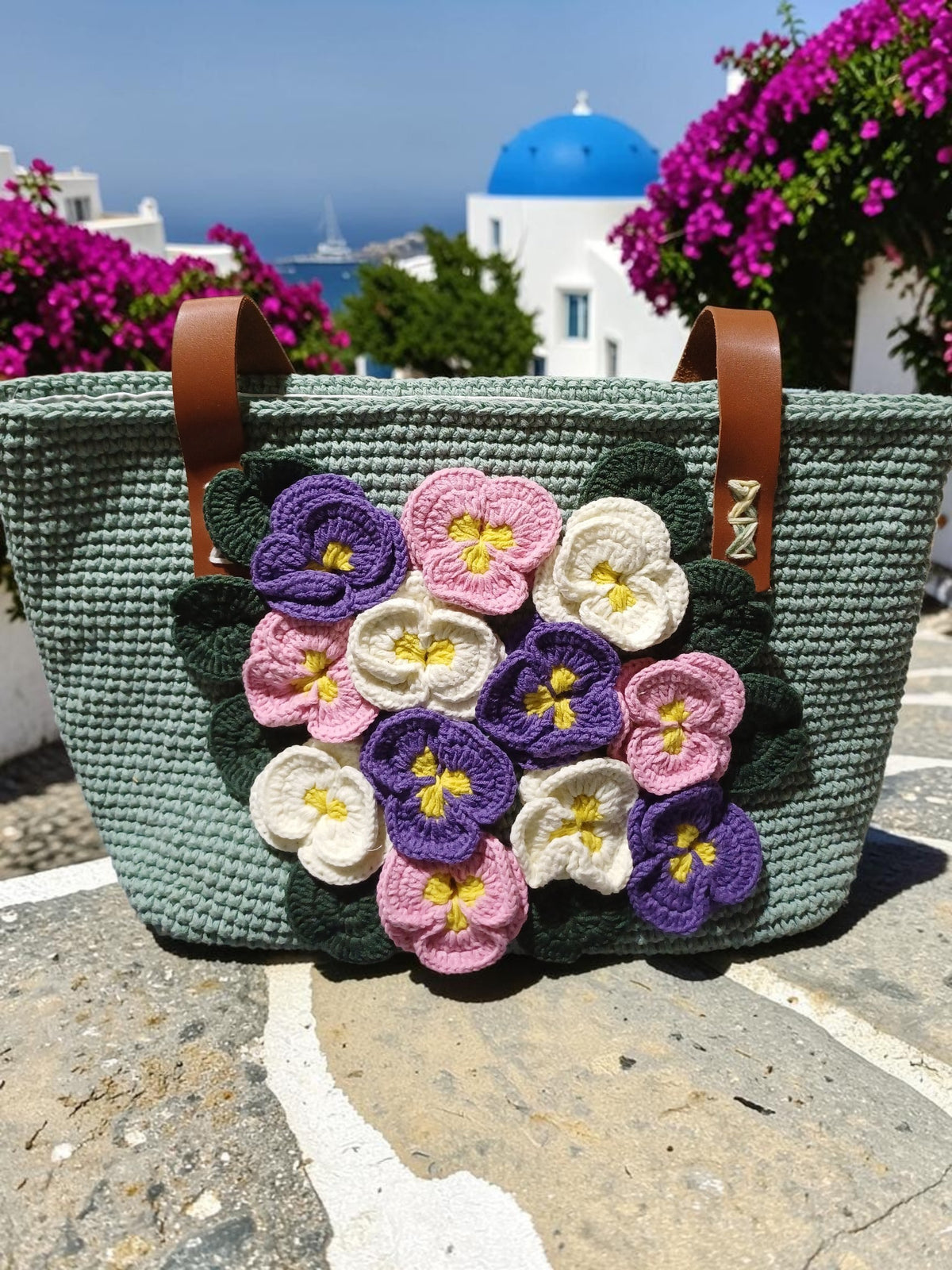 Handmade Almond Green Macrame Tote Bag – 3D Violet Flowers & Faux Leather Handles
